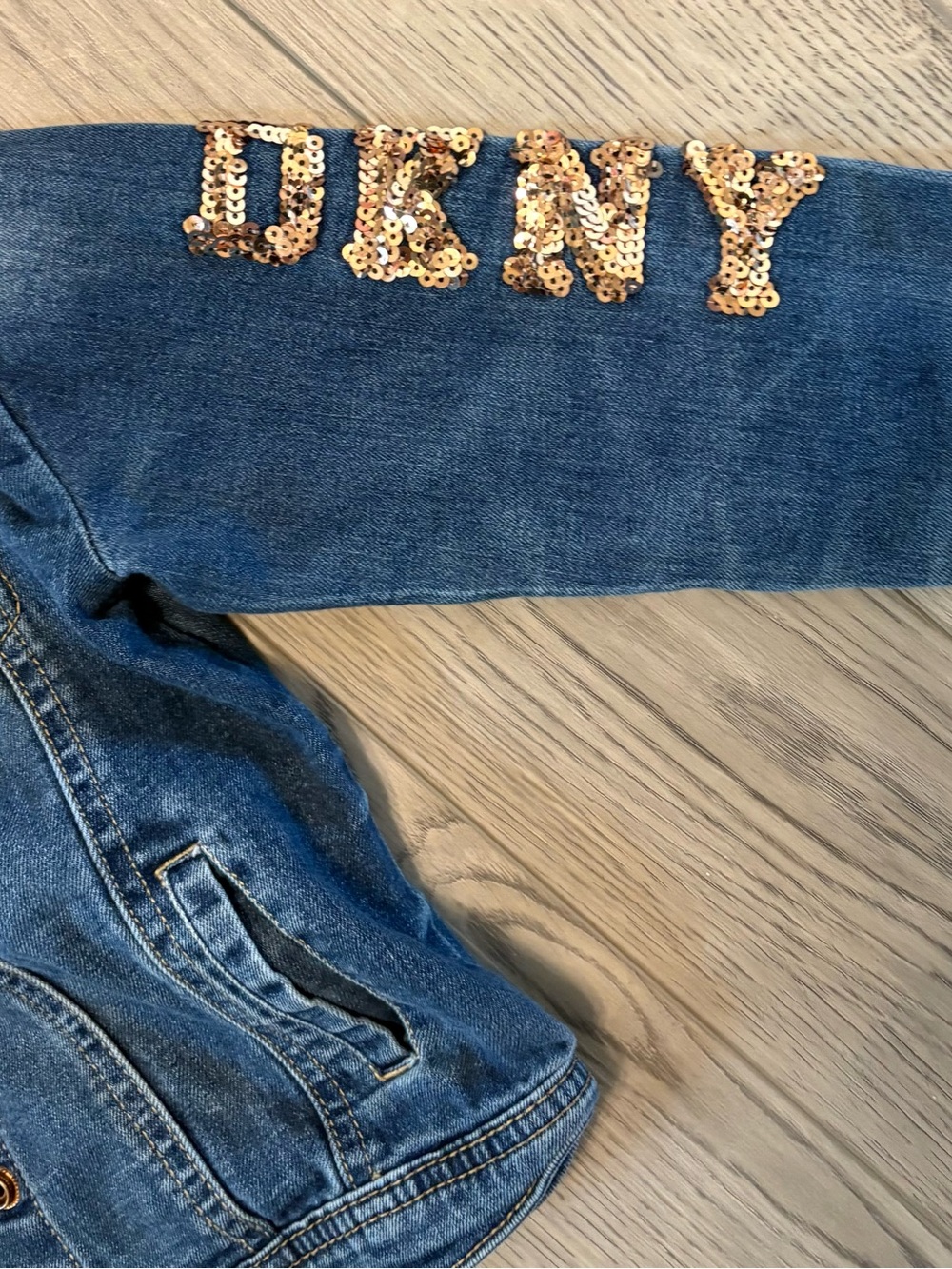 DKNY Girls Blue Denim Jean Jacket with Gold Sequin Design - SMALL MARKER STAIN - Picture 4 of 6